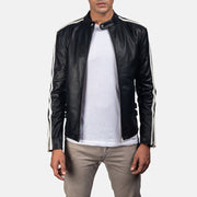 
Hank Sort Bikerjakke i Læder til Mænd in Black & White Cowhide Leather - Forfra med skræddersyet silhuet | Køb online