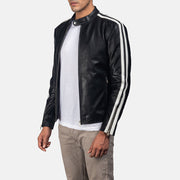 
Black & White Cowhide Leather Biker Jacket - Bagfra med tilpassede skuldre og ren kant