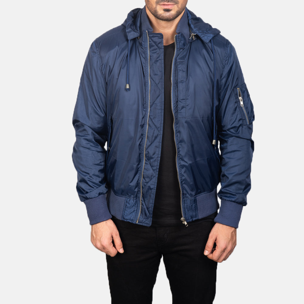 
Blue Hooded Bomber Jacket in Blue Nylon - Forfra med skræddersyet silhuet | Køb online
