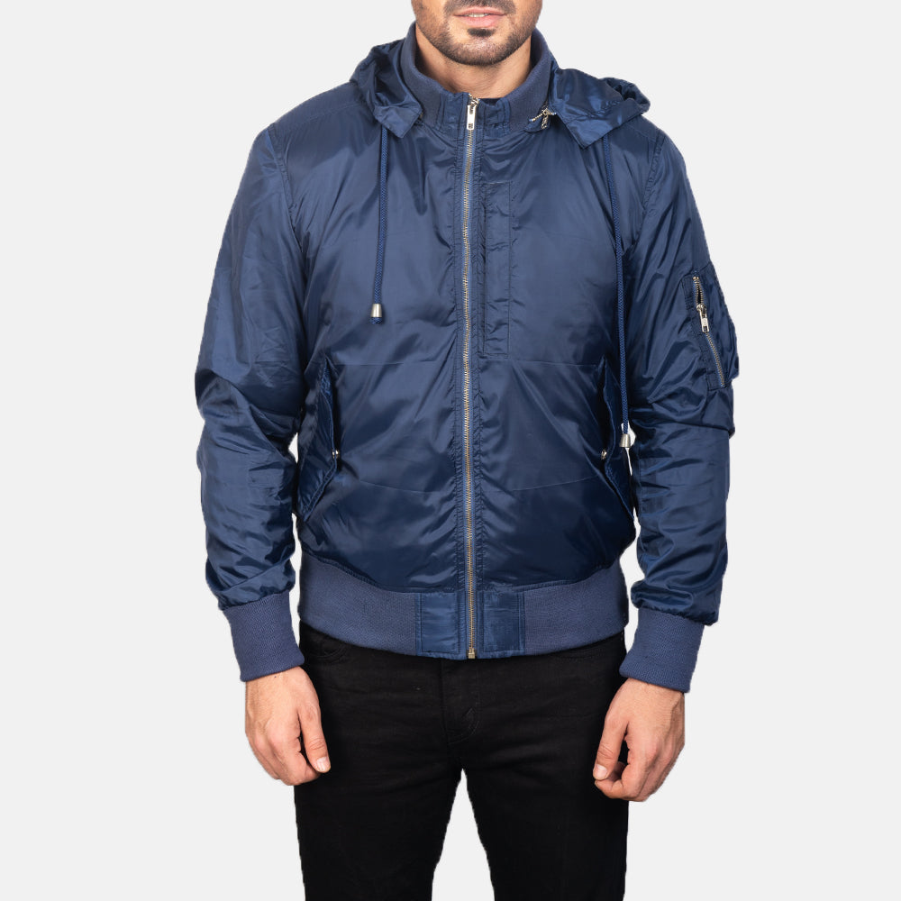 
Nærbillede of Knit Rib with Removable Nylon Hood & Zipper Hardware on Blue Hooded Bomber Jacket