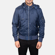 
Nærbillede of Knit Rib with Removable Nylon Hood & Zipper Hardware on Blue Hooded Bomber Jacket
