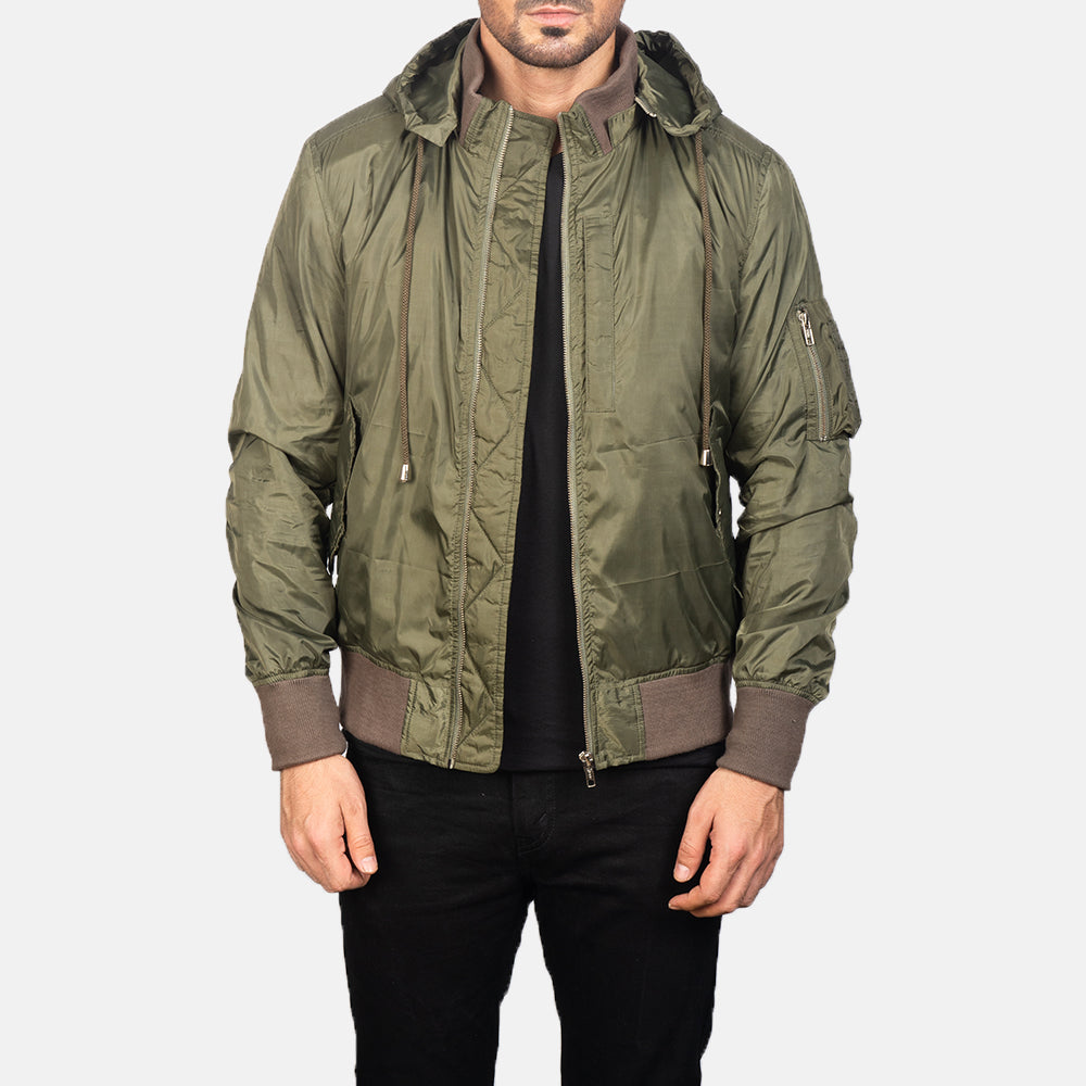 
Hanklin Ma-1 Green Hooded Bomber Jacket in Green Nylon - Forfra med skræddersyet silhuet | Køb online