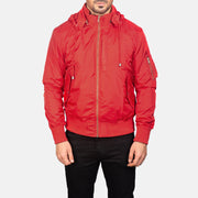 
Nærbillede of Knit Rib with Removable Nylon Hood & Zipper Hardware on Hanklin Ma-1 Red Hooded Bomber Jacket