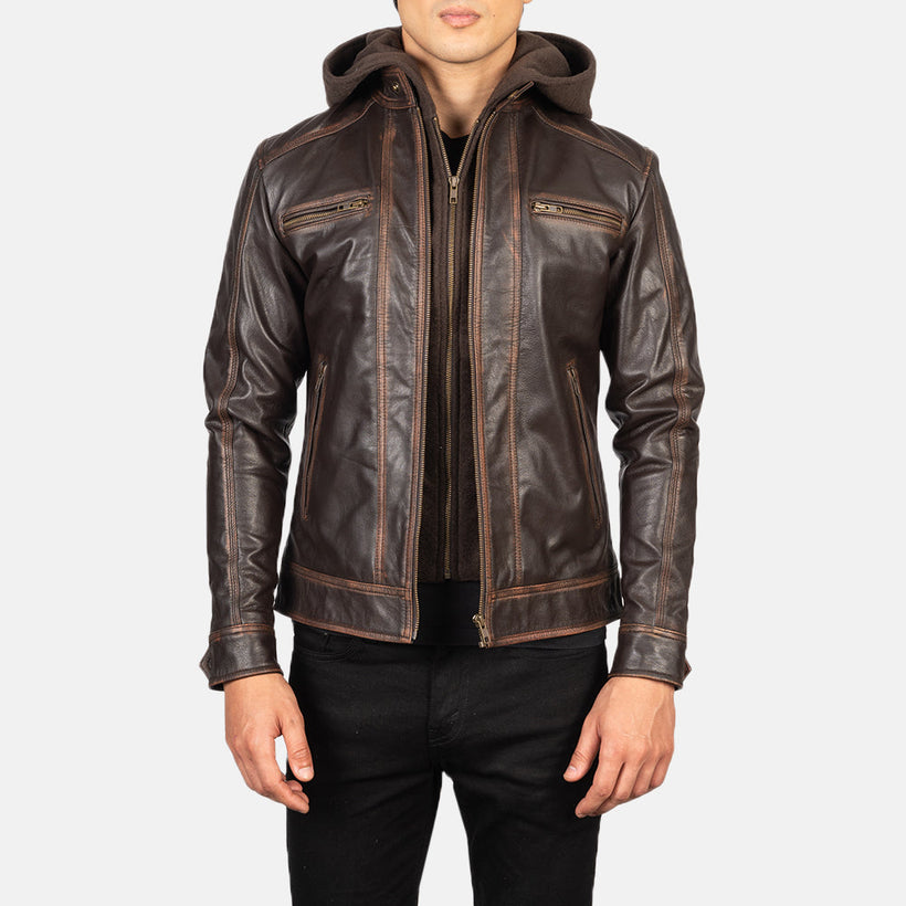 Hector Vintage Brun Hooded Bikerjakke i Læder til Mænd