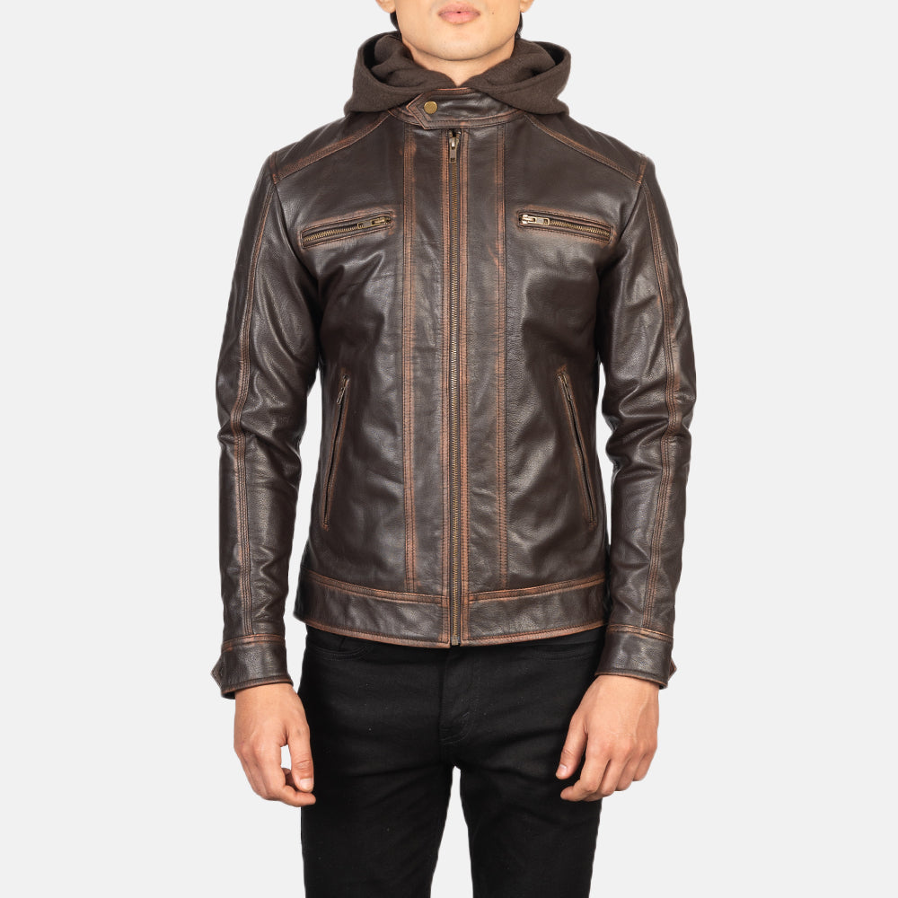 
Nærbillede of Band with Snap Button & Zipper Hardware on Hector Vintage Brun Hooded Bikerjakke i Læder til Mænd