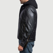 Close-Up Detail of Band with snap button & Zipper Hardware on Men's Highschool Black Leather Jacket
