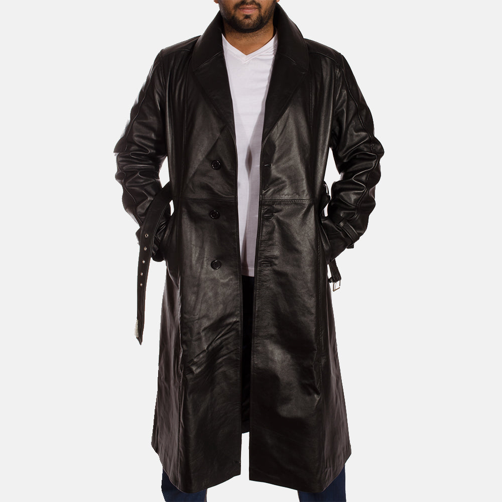 
Hooligan Sort Trenchcoat i Læder til Mænd - Sideprofil med ergonomisk ærmesnit