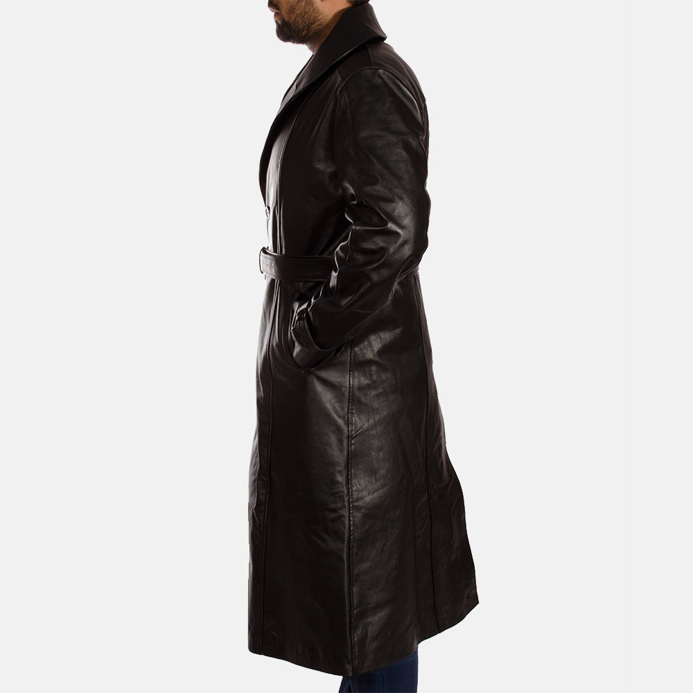 
Nærbillede of Notch & Button & Waist belt Hardware on Hooligan Sort Trenchcoat i Læder til Mænd
