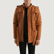 
Hunter Lysebrun Brun Fur Læderjakke til Mænd in Tan Brown Sheepskin Leather - Forfra med skræddersyet silhuet | Køb online