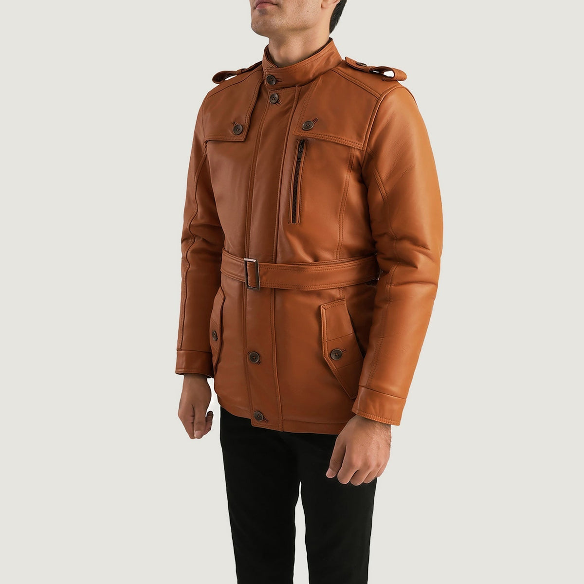 
Tan Brown Sheepskin Leather Aviator Jacket - Bagfra med tilpassede skuldre og ren kant
