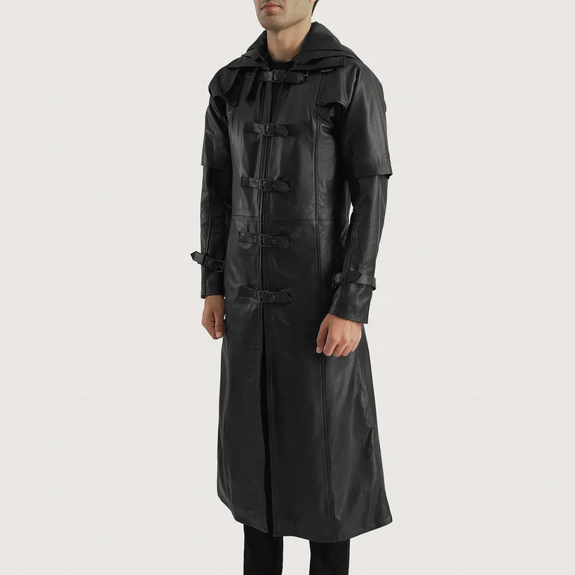 Huntsman Sort Hooded Trenchcoat i Læder til Mænd
