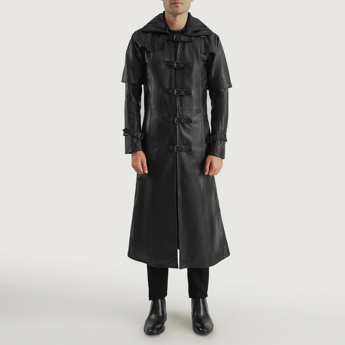 
Huntsman Sort Hooded Trenchcoat i Læder til Mænd - Sideprofil med ergonomisk ærmesnit