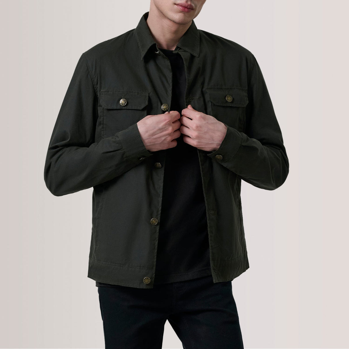 Irwin Olive Waxed Canvas Field Læderjakke til Mænd For Men in Olive Waxed Cotton Canvas - Front Profile View &amp; Tailored Silhouette | Buy Online