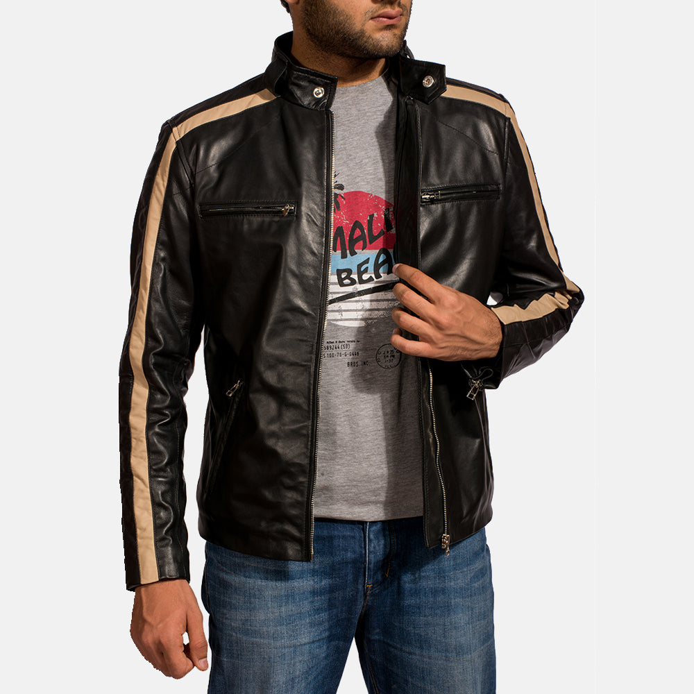 Men's Jack Sort Læder Bikerjakke til Mænd - Lateral Side Profile View Showing Sleeve Cut &amp; Athletic Taper Fit