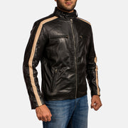 Close-Up Detail of Band with snap button &amp; Zipper Hardware on Men's Jack Sort Læder Bikerjakke til Mænd