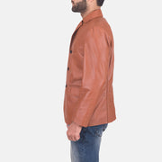 James Lys brun Brun Leather Blazer til Mænd - Lateral Side Profile View Showing Sleeve Cut &amp; Athletic Taper Fit