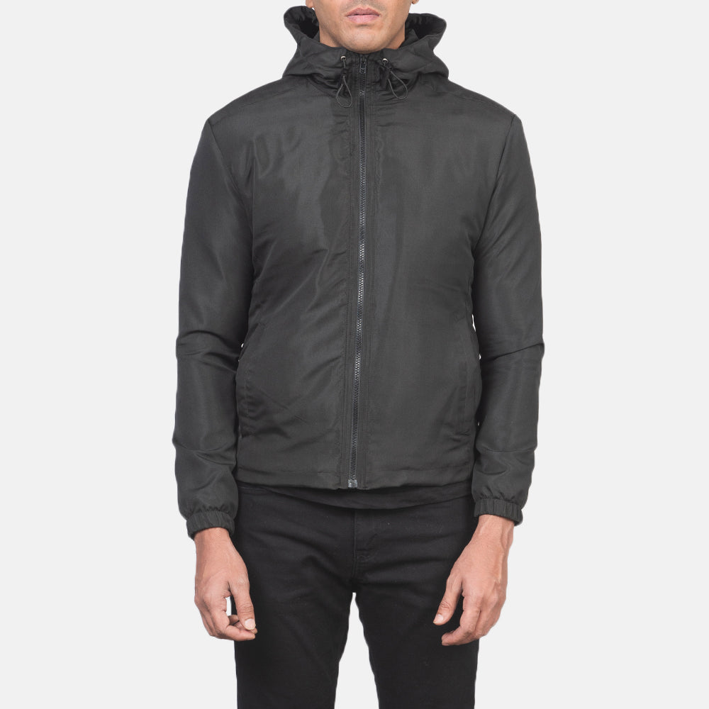 
Nærbillede of High Neck with Hood & Zipper with wind flap Hardware on Jimmy Sort Hooded Windbreaker Læderjakke til Mænd