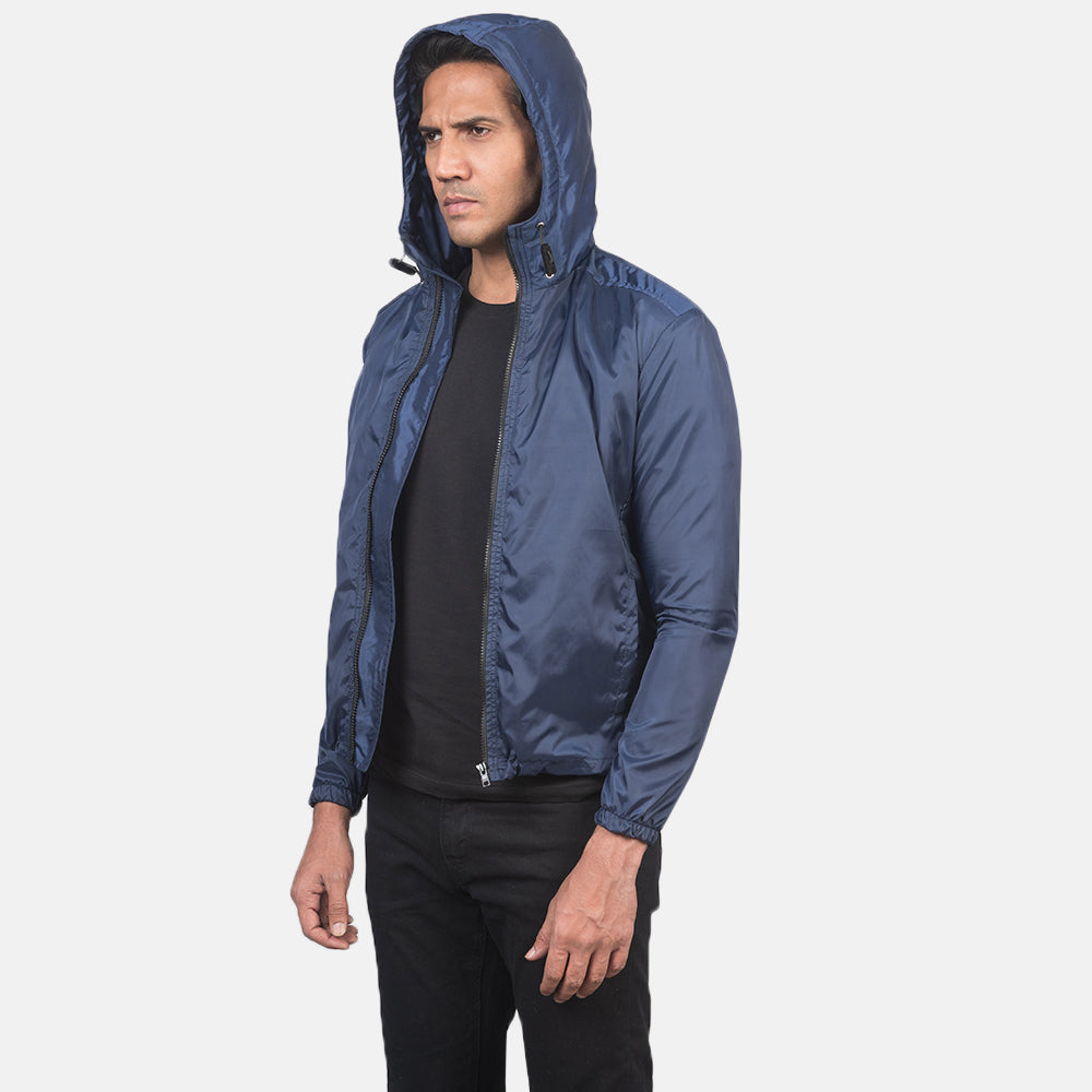 Nærbillede of High Neck with Hood & Zipper with wind flap Hardware on Jimmy Blue Hooded Windbreaker Jacket
