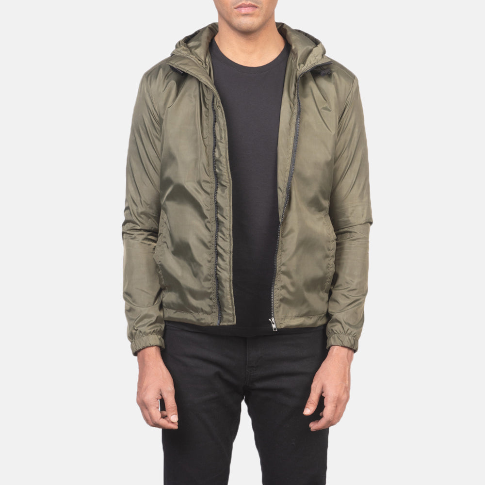 
Jimmy Grøn Hooded Windbreaker Læderjakke til Mænd in Green Nylon - Forfra med skræddersyet silhuet | Køb online