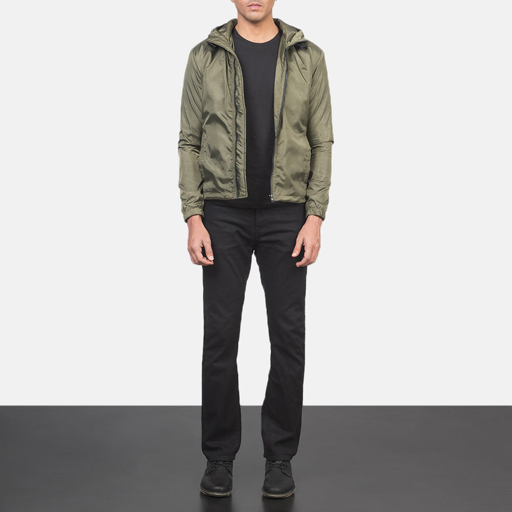 
Jimmy Grøn Hooded Windbreaker Læderjakke til Mænd - Sideprofil med ergonomisk ærmesnit