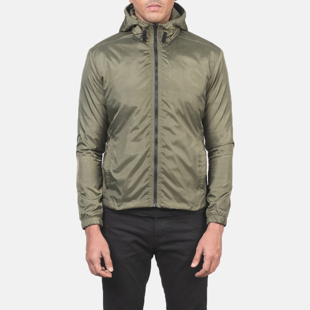 
Nærbillede of High Neck with Hood & Zipper with wind flap Hardware on Jimmy Grøn Hooded Windbreaker Læderjakke til Mænd
