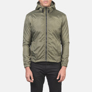 
Nærbillede of High Neck with Hood & Zipper with wind flap Hardware on Jimmy Grøn Hooded Windbreaker Læderjakke til Mænd