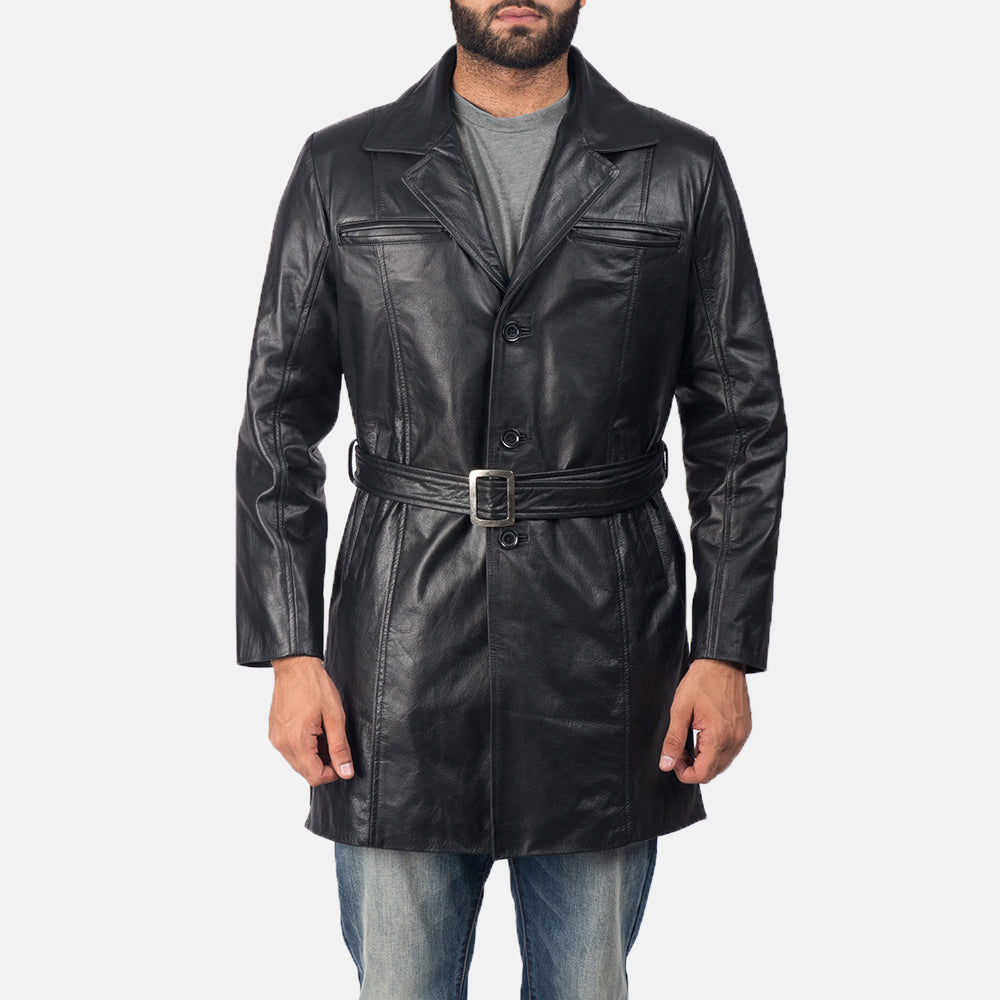 Men's Jordan Sort Leather Coat til Mænd in Black Cowhide Leather - Front Profile View &amp; Tailored Silhouette | Buy Online