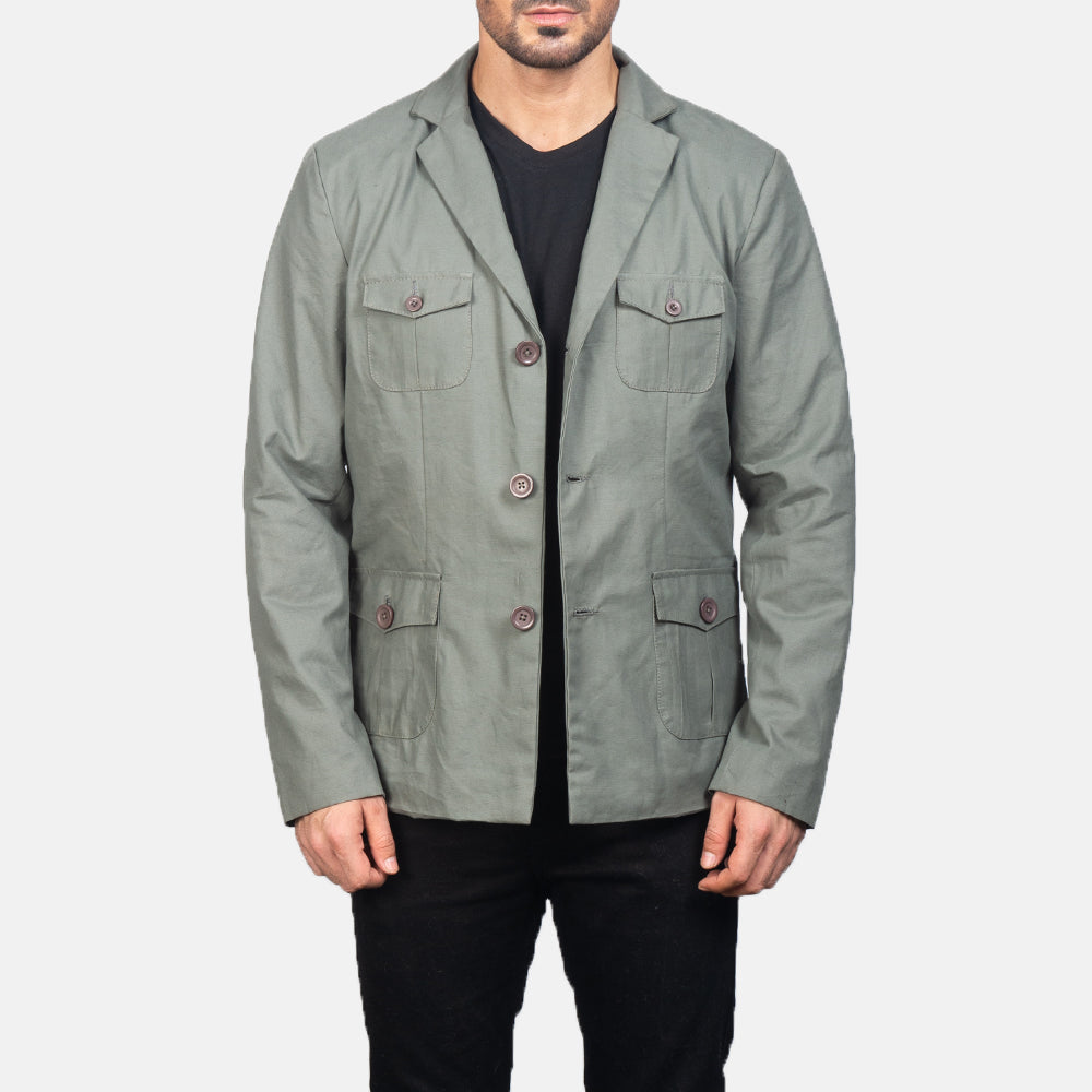 Kajetan Grey Safari Læderjakke til Mænd in Grey Poly-Cotton - Front Profile View &amp; Tailored Silhouette | Buy Online