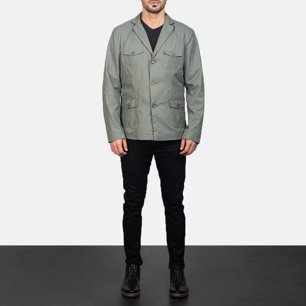Kajetan Grey Safari Læderjakke til Mænd - Lateral Side Profile View Showing Sleeve Cut &amp; Athletic Taper Fit