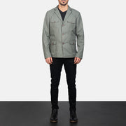 Kajetan Grey Safari Læderjakke til Mænd - Lateral Side Profile View Showing Sleeve Cut &amp; Athletic Taper Fit