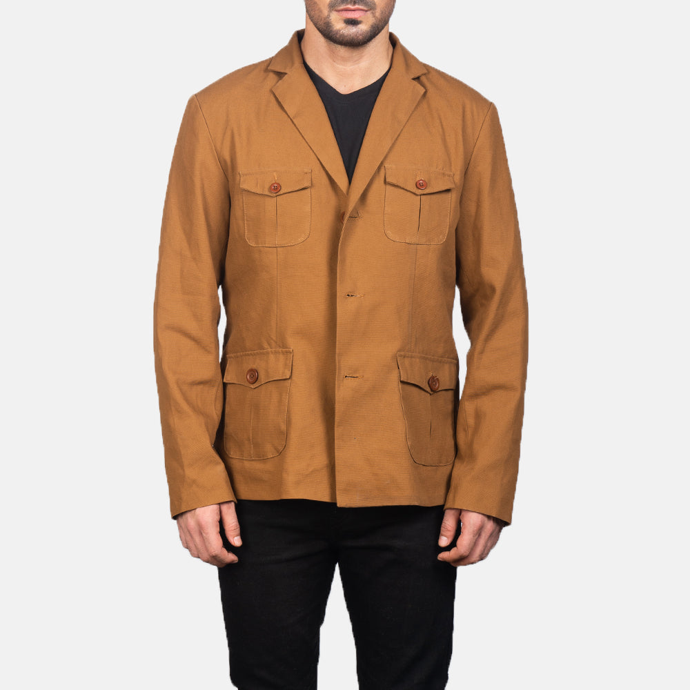 
Kajetan Khaki Safari Læderjakke til Mænd in Khaki Poly-Cotton - Forfra med skræddersyet silhuet | Køb online
