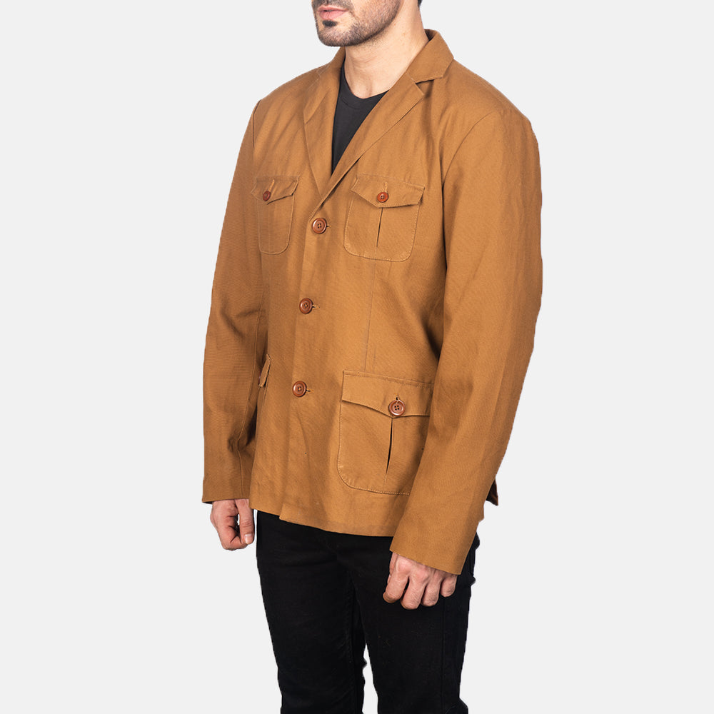
Khaki Poly-Cotton Leather Blazer - Bagfra med tilpassede skuldre og ren kant