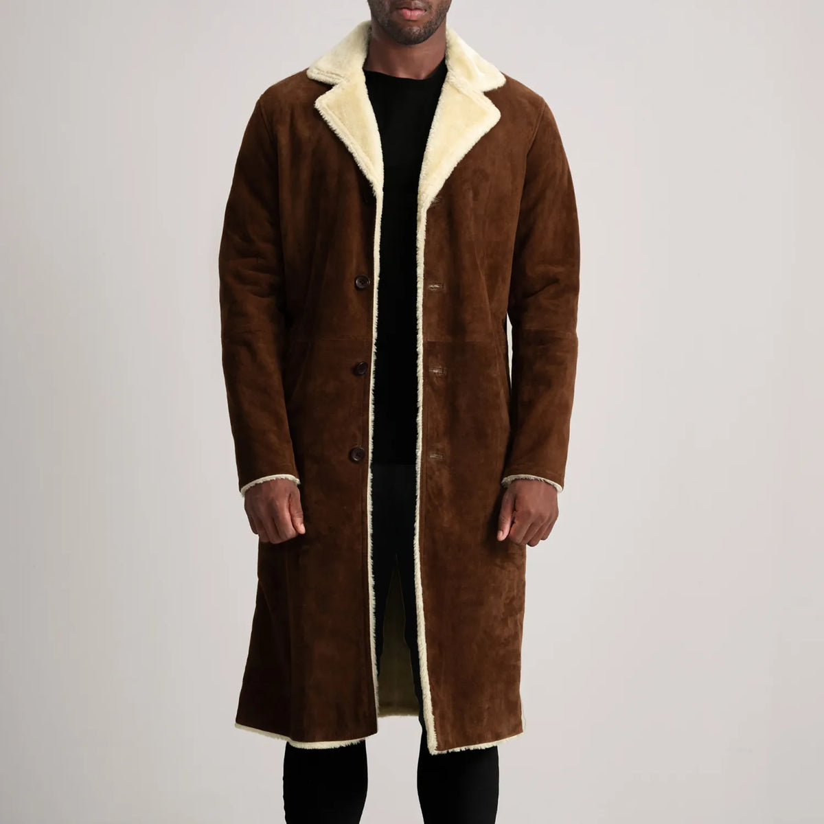 
Kolby Brown Suede Shearling Long Coat in Brown Goatskin Suede - Forfra med skræddersyet silhuet | Køb online