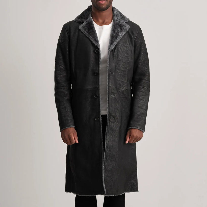 Kolby Distressed Sort Leather Shearling Læderfrakke til Mænd