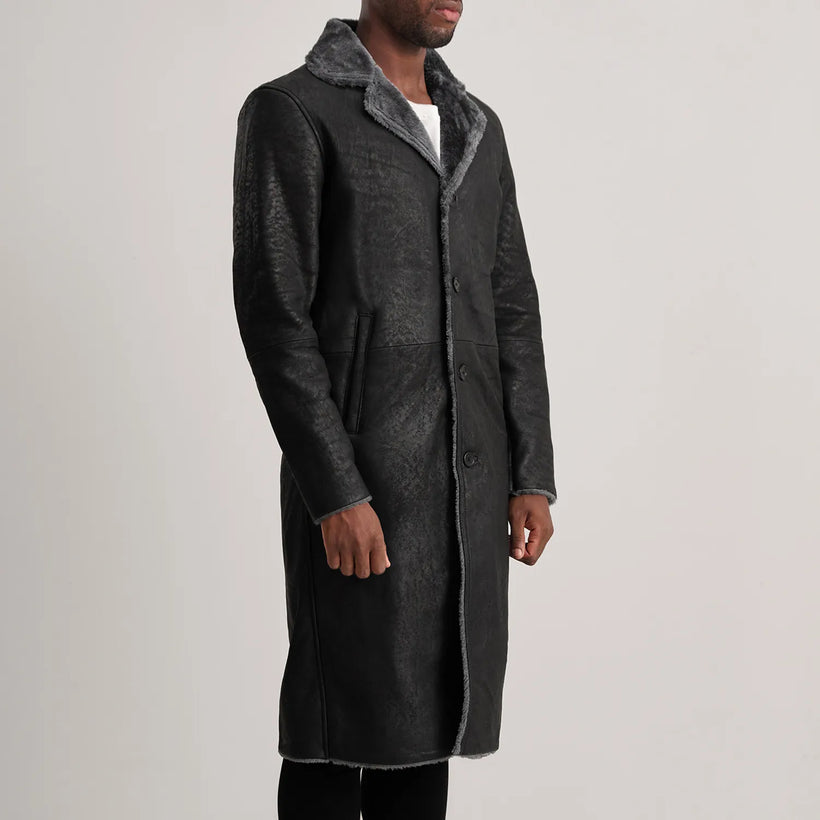 Kolby Distressed Sort Leather Shearling Læderfrakke til Mænd