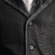 
Nærbillede of Notch & Button Hardware on Kolby Distressed Black Shearling Long Coat