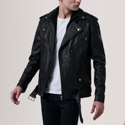 Kole Sort Leather Double Rider Læderjakke til Mænd For Men in Black Sheepskin Leather - Front Profile View &amp; Tailored Silhouette | Buy Online