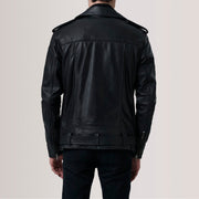 Close-Up Detail of Notch &amp; Zipper &amp; Waist Straps Hardware on Kole Sort Leather Double Rider Læderjakke til Mænd For Men