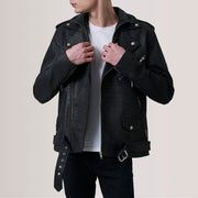 
Kole Distressed Sort Leather Double Rider Læderjakke til Mænd in Distressed Black Sheepskin Snuffed - Forfra med skræddersyet silhuet | Køb online