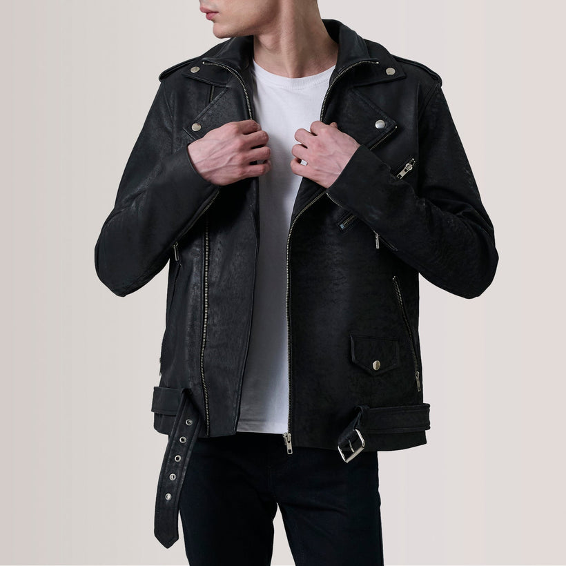 Kole Distressed Sort Leather Double Rider Læderjakke til Mænd