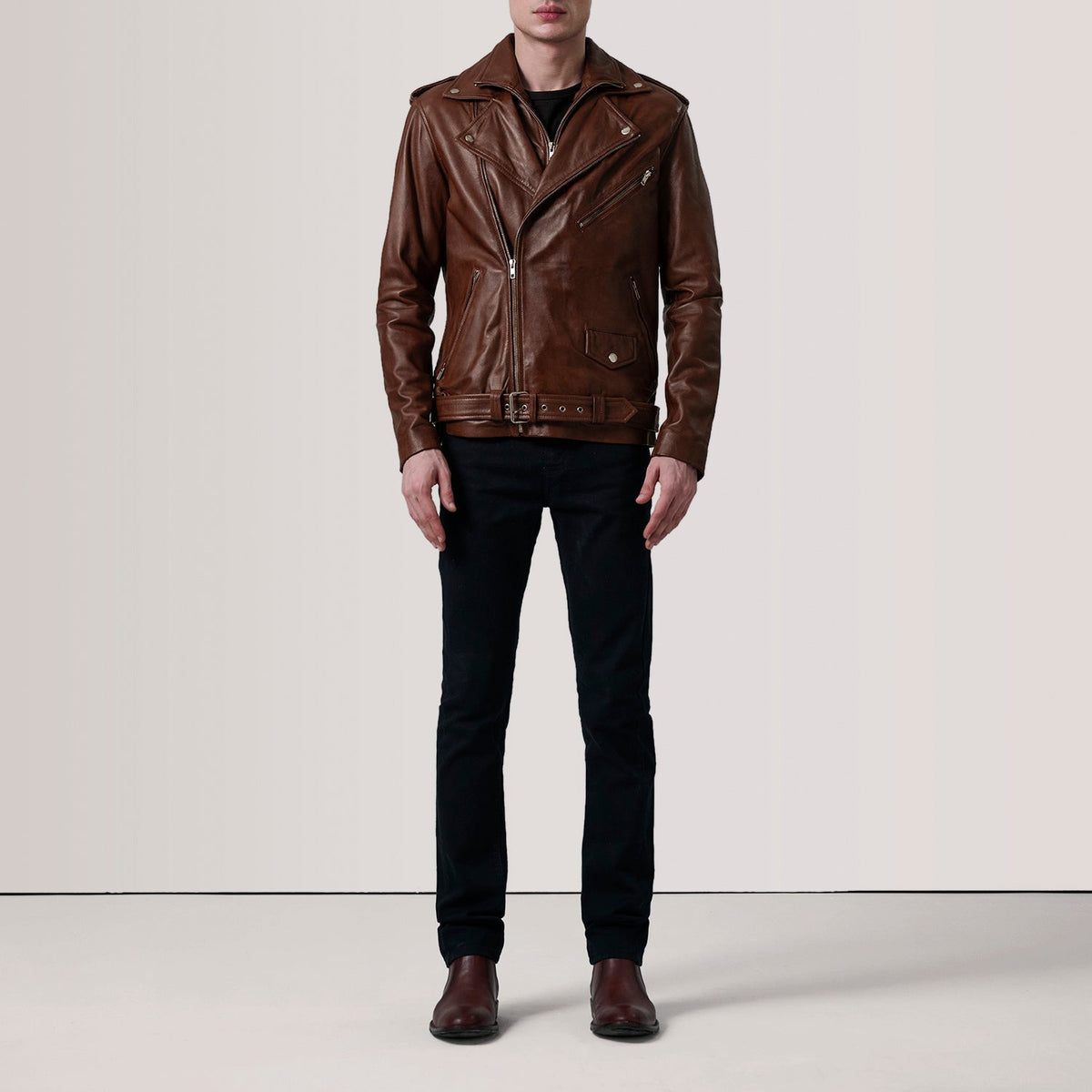 
Distressed Brown Sheepskin Burnished Biker Jacket - Bagfra med tilpassede skuldre og ren kant