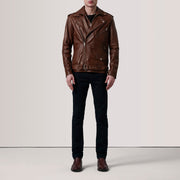
Distressed Brown Sheepskin Burnished Biker Jacket - Bagfra med tilpassede skuldre og ren kant