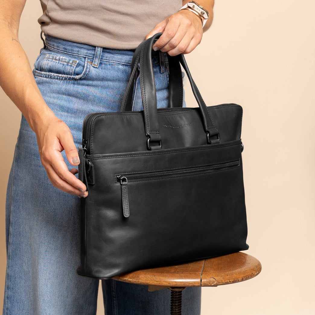 Classic 100% Full-Grain leather Briefcase - Rear Perspective Showing Reinforced Leather Straps &amp; Stitching