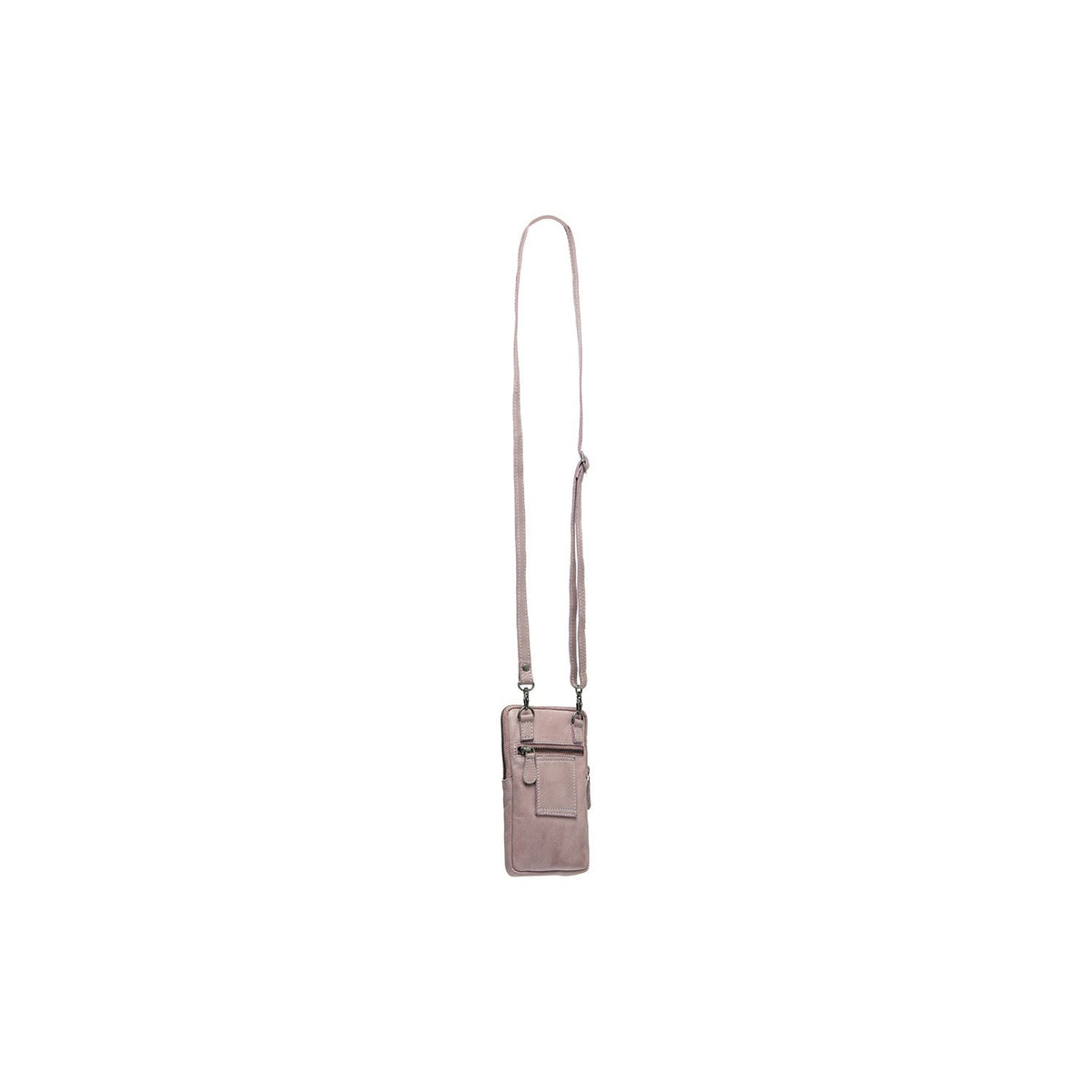 Styled Fit Perspective of Salta Full-Grain Leather Phone Bag til Kvinder on Model - Natural Daylight Drape