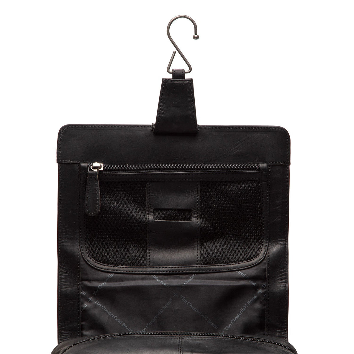 Close-Up Detail of Classic Collar &amp; Heavy-Duty Zipper Hardware on Rosario Full-Grain Leather Toiletry Bag til Kvinder