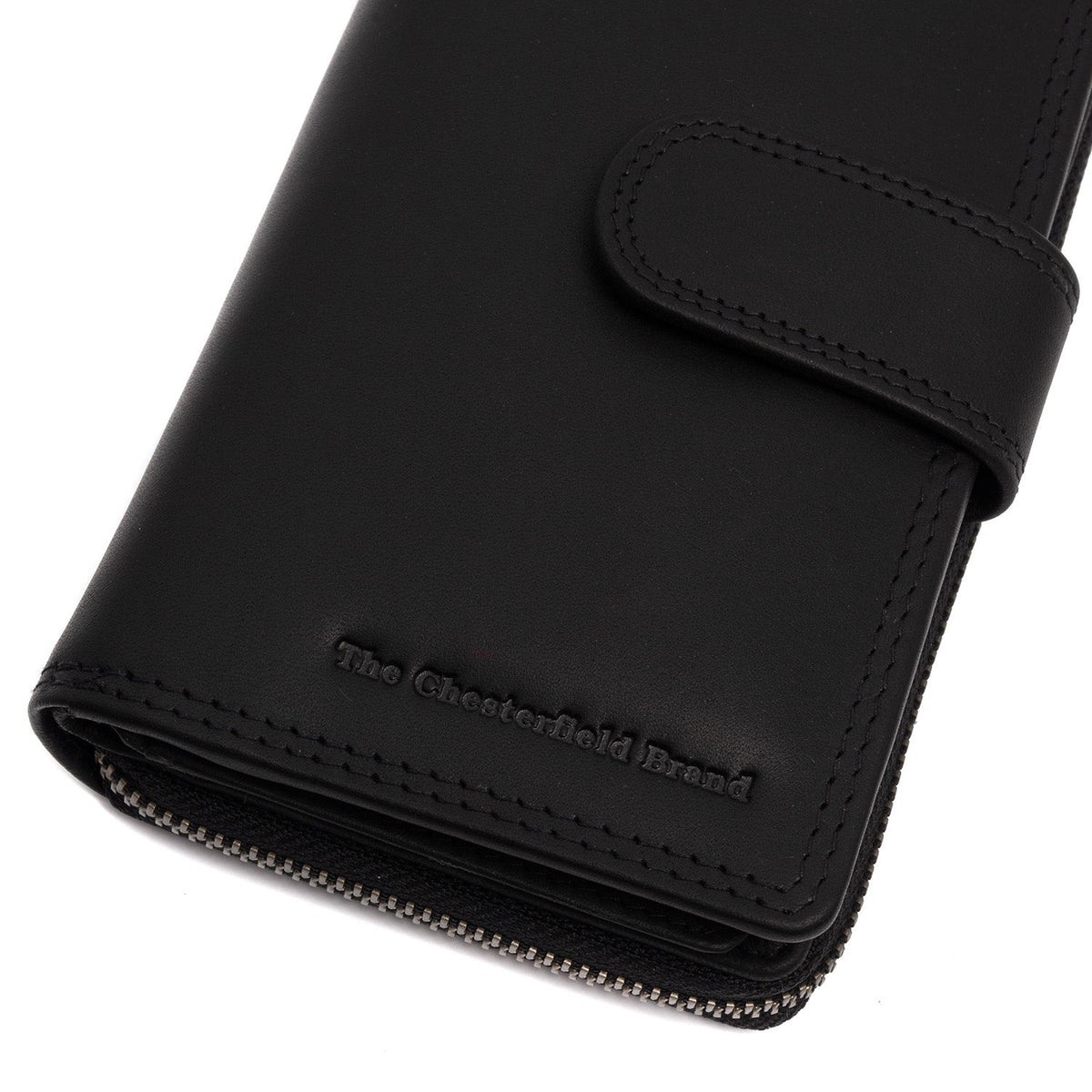 Solid Antique Brass Hardware &amp; Heavy-Duty Dual Zipper Detail on Charlotte Full-Grain Leather Wallet til Kvinder