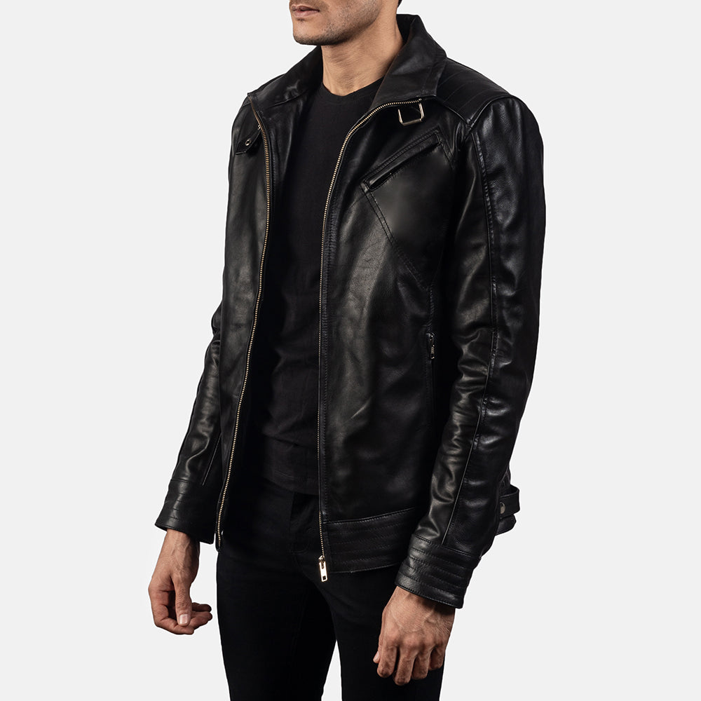 
Black Cowhide Leather Biker Jacket - Bagfra med tilpassede skuldre og ren kant