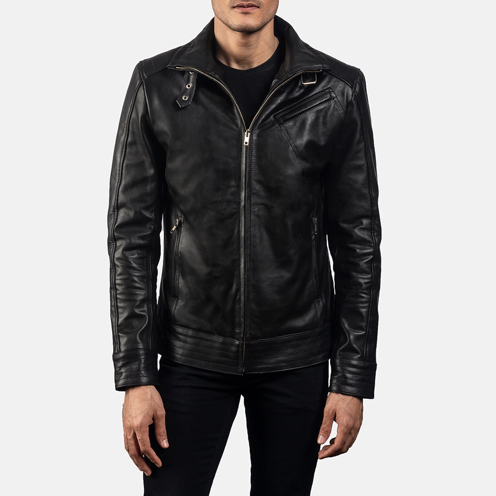 
Nærbillede of High neck with Belt & Zipper Hardware on Legacy Sort Bikerjakke i Læder til Mænd
