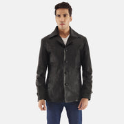 Leo Sort Leather Coat til Mænd in Black Cowhide Leather - Front Profile View &amp; Tailored Silhouette | Buy Online