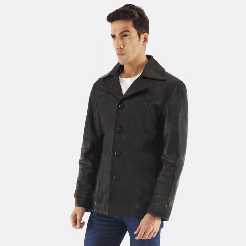 Leo Sort Leather Coat til Mænd